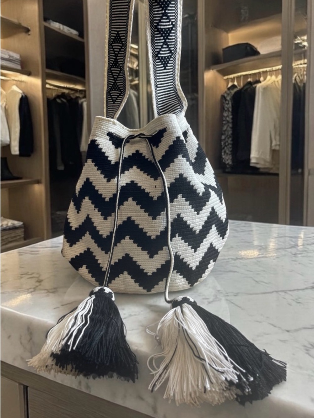 Wayuu Tribe Black & White Chevron Shoulder Bucket Bag with Tassels